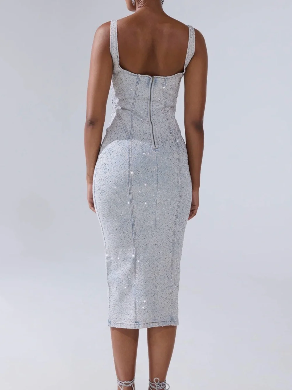 AKIRA Silver Sequin Square-Neck Midi Dress - Picture 2 of 5